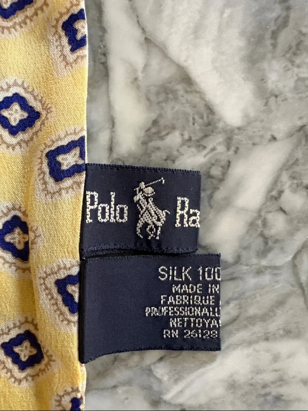 Vintage Polo Ralph Lauren Silk Printed Scarf in Yellow and Navy